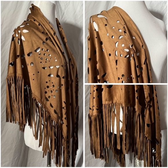 Retro, Contempo, Starburst Design, Faux Suede, Oversized Fringe Shawl - Picture 3 of 9